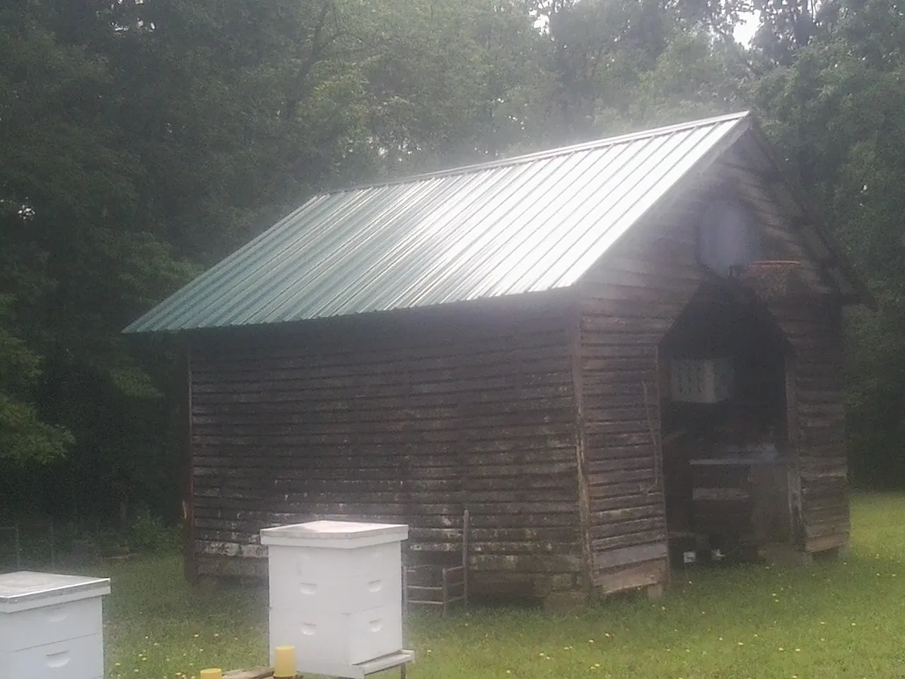 Green metal roof on a weathered barn beside stacked beehives in Willard